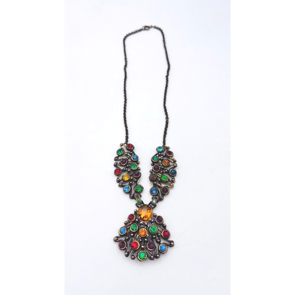 Vintage Gold Tone Multi Color Rhinestone Bib Statement Necklace Peacock CZECH?